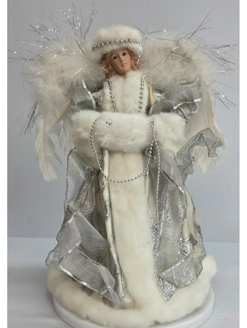 Dan Dee Collectors Choice Christmas Angel Tree Topper 12” White Silver Feather